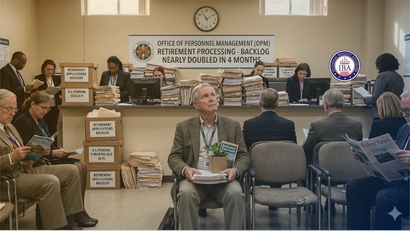 A crowded waiting room beneath a banner reading Office of Personnel Management: Retirement Processing Backlog Nearly Doubled in Four Months