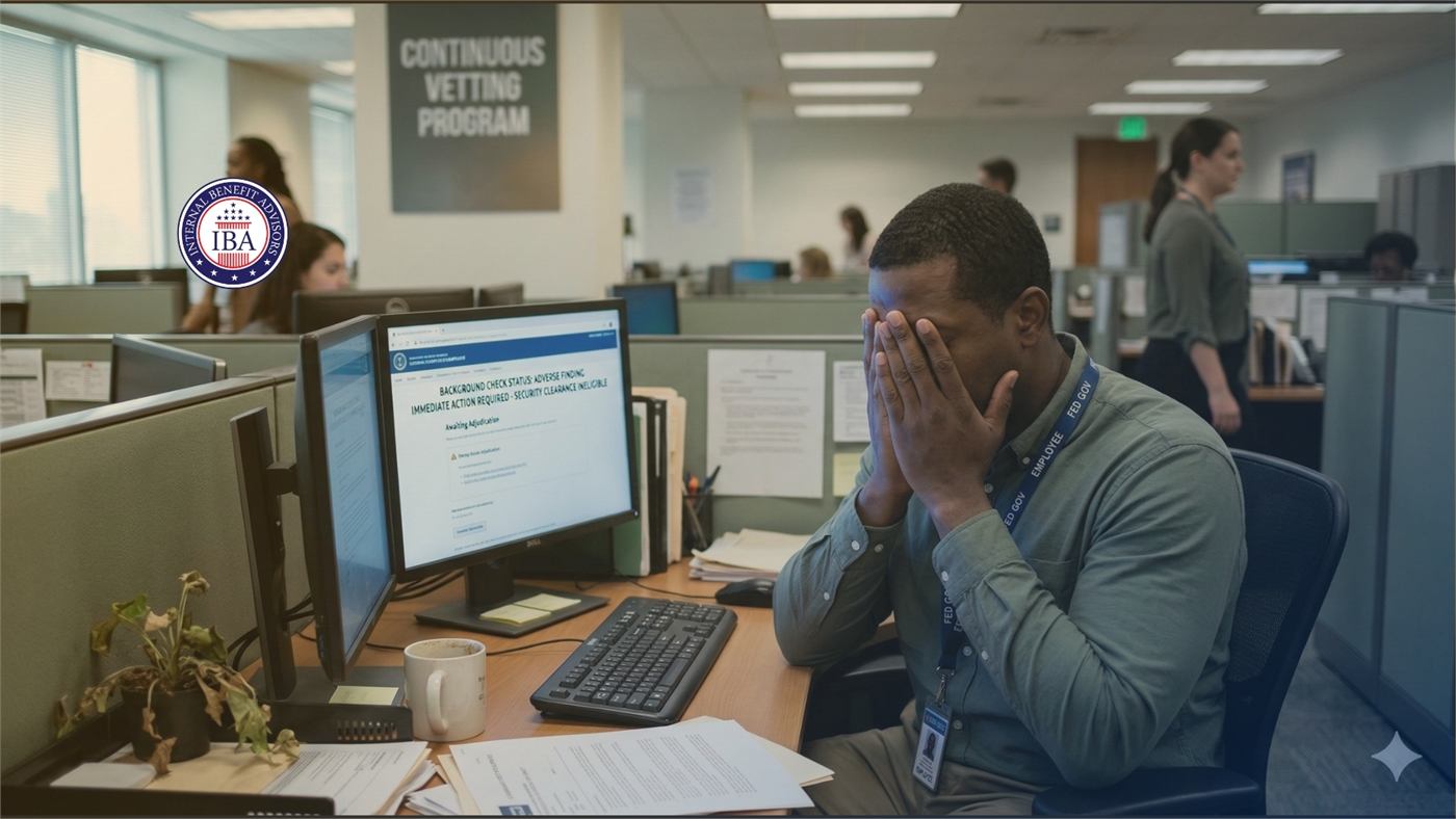 A man with his hands over his face at an office desk, beneath a panel reading Continuous Vetting Program