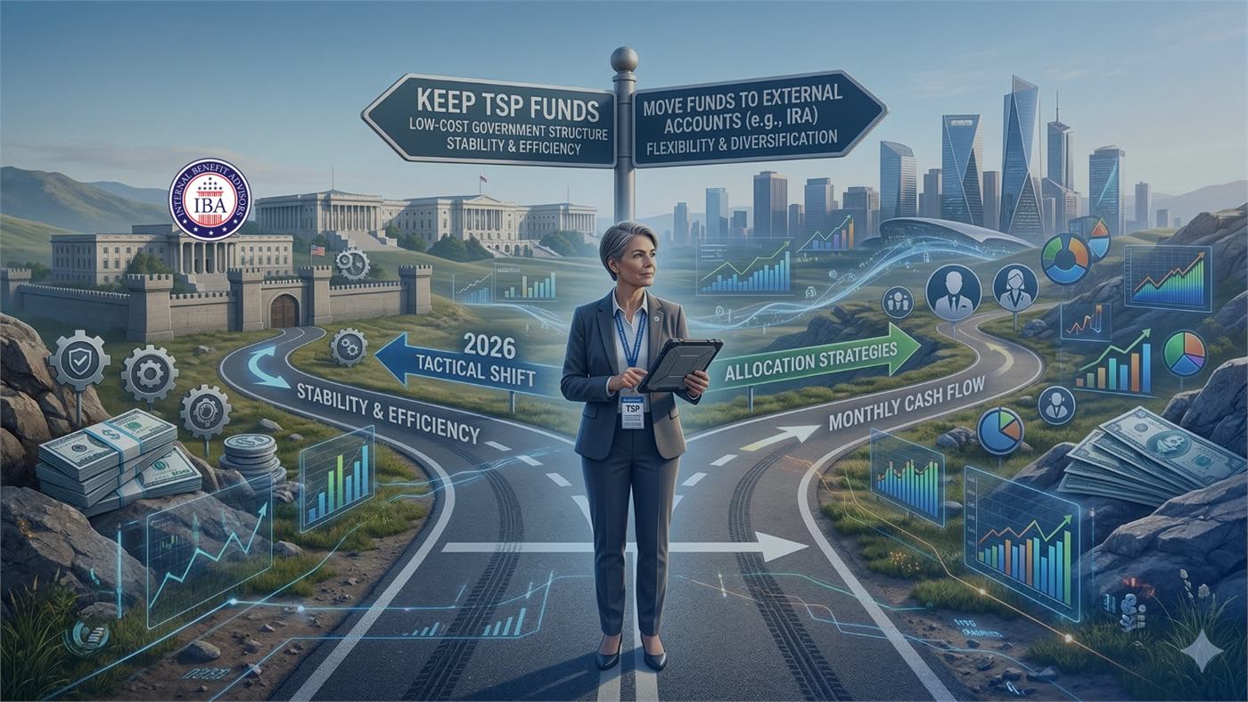 A woman presenting at a junction of roads signposted Keep TSP Funds and Move Funds to External Accounts, with allocation strategy panels