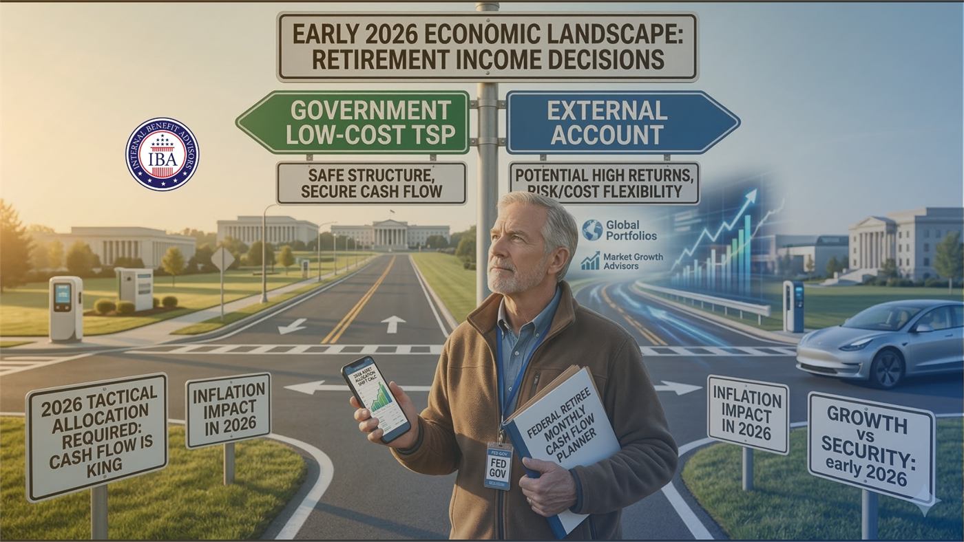 An older man holding a phone at a road junction signposted Government Low-Cost TSP and External Account, beneath a banner reading Early 2026 Economic Landscape: Retirement Income Decisions