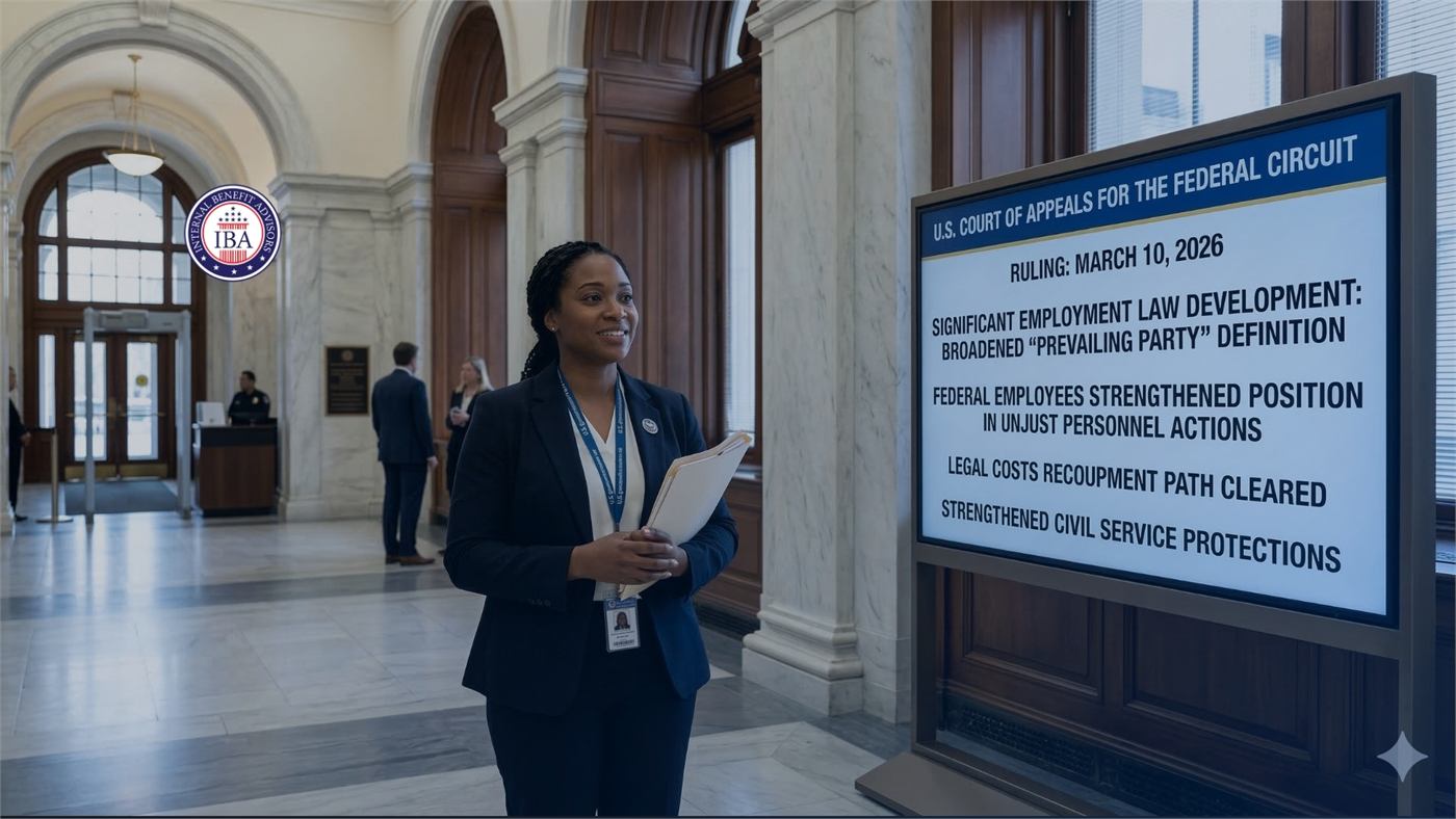 A woman in a courthouse lobby beside a screen reading U.S. Court of Appeals for the Federal Circuit, Significant Employment Law Development: Broadened Prevailing Party Definition