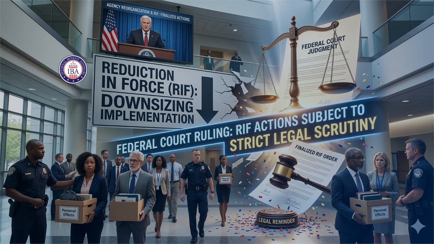 An illustration headed Federal Court Ruling: RIF Actions Subject to Strict Legal Scrutiny, with federal workers carrying boxes beneath scales of justice