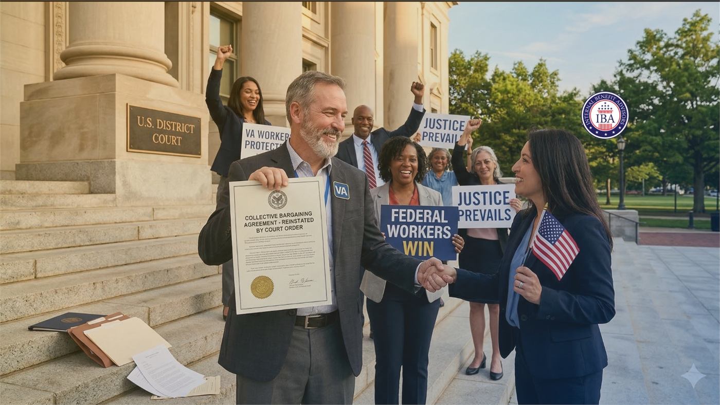 Federal workers celebrating on courthouse steps holding a reinstated collective bargaining agreement and signs reading Federal Workers Win and Justice Prevails