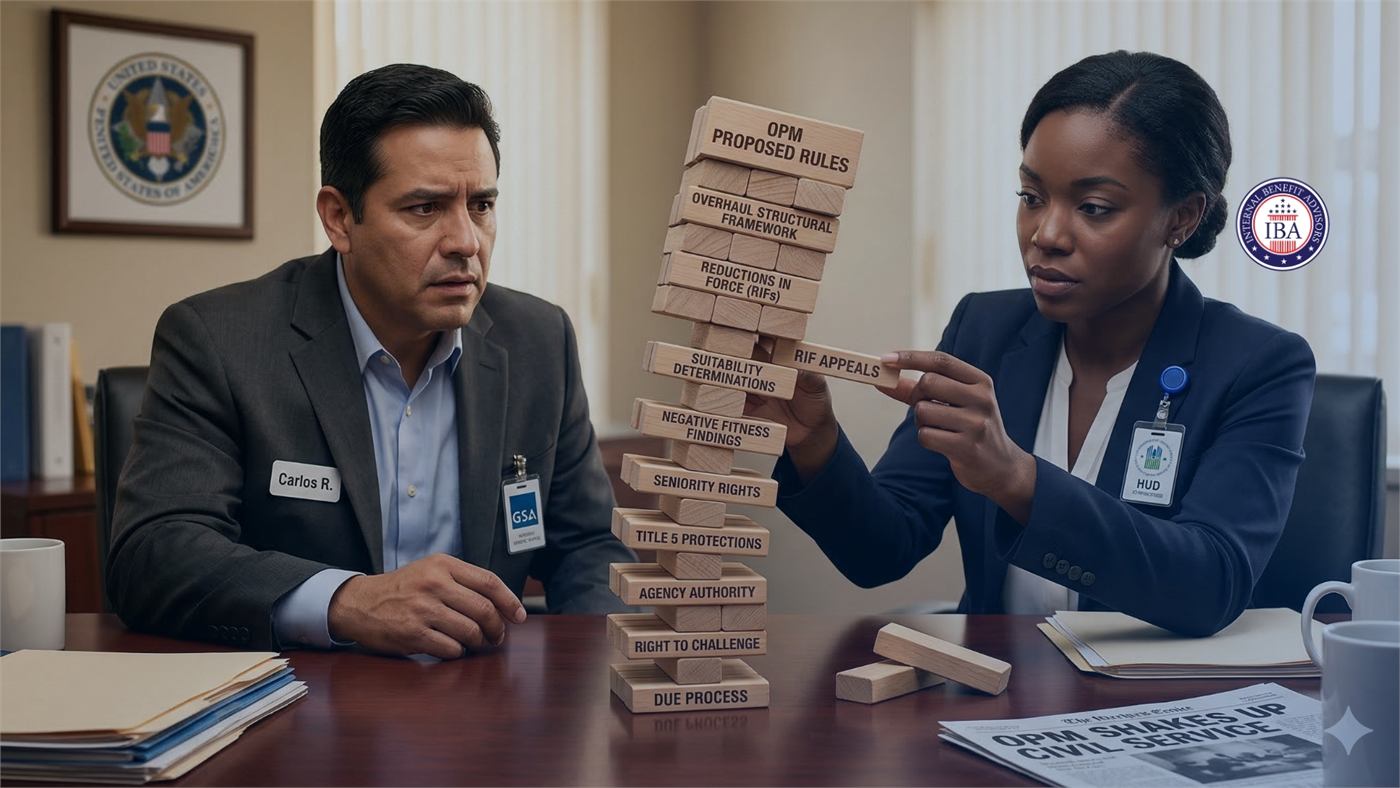 Two colleagues at a desk pulling blocks from a tower labelled with civil service protections, beside a panel on OPM proposed rules
