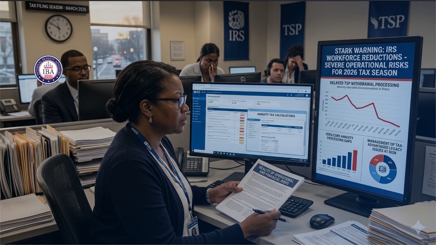 An IRS employee at monitors showing tax processing charts beneath a panel reading Stark Warning: IRS Workforce Reductions, Severe Operational Risks for the 2026 Tax Season
