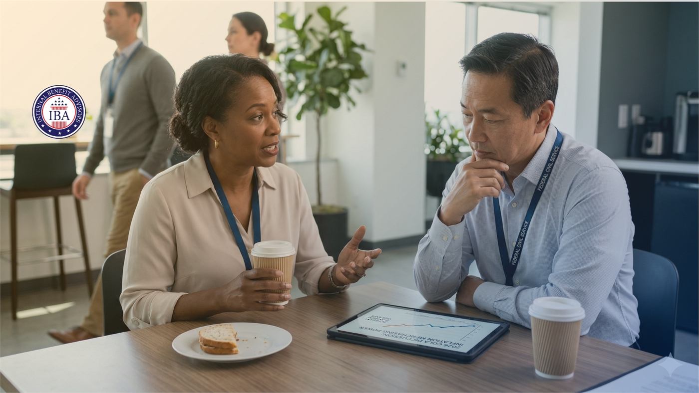 Two colleagues talking over coffee at an office table, a tablet between them