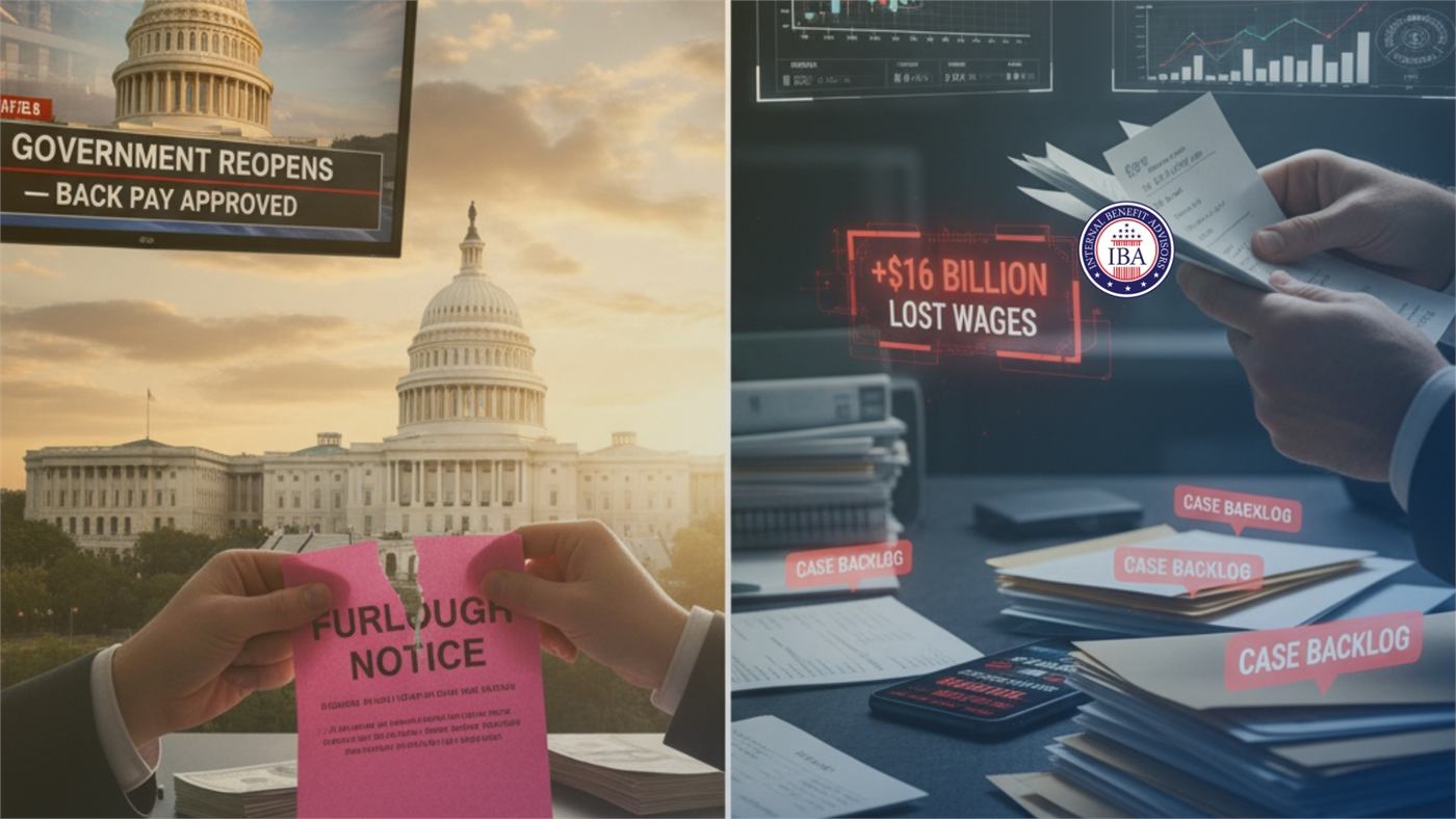 A panel showing hands tearing a pink furlough notice beside the Capitol, captioned Government Reopens, Back Pay Approved, with 16 billion dollars in lost wages
