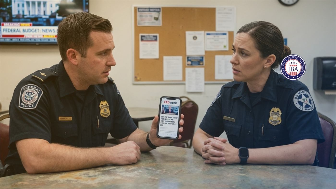 Two uniformed federal officers at a table looking at a phone together, a noticeboard of federal budget news behind them