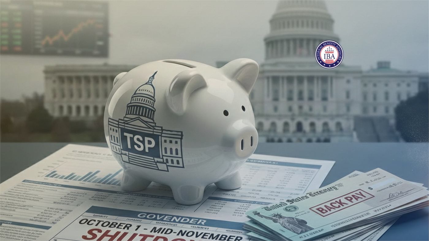 A piggy bank marked TSP in front of the Capitol, above newspapers reading Government Shutdown and Back Pay