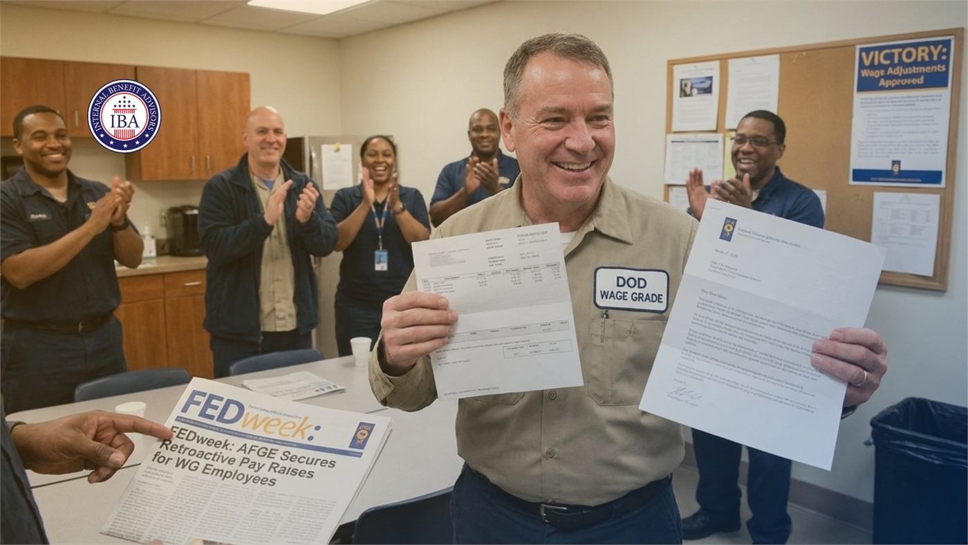 A man holding up pay documents while colleagues applaud, beside a newspaper reading AFGE Secures Retroactive Pay Raises for Wage Grade Employees