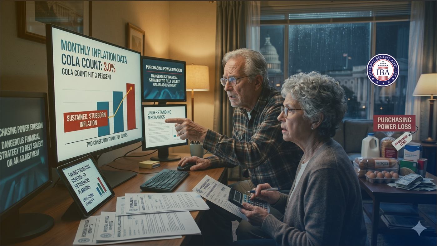 An older couple at a home computer pointing at a screen showing monthly inflation data and a COLA count of 3.0 percent