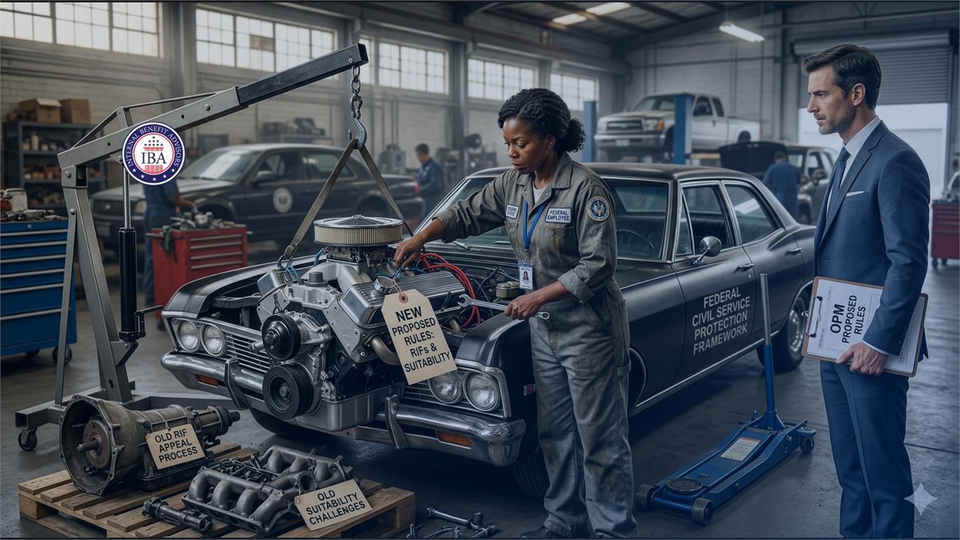 A mechanic and a man in a suit beside a stripped-down car engine, holding panels about new federal civil service framework rules