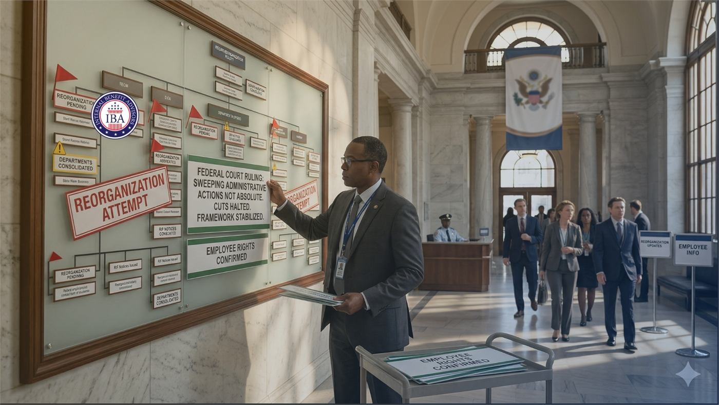 A man presenting a reorganization chart on a noticeboard in a government lobby, marked Reorganization Attempt and Federal Court Ruling