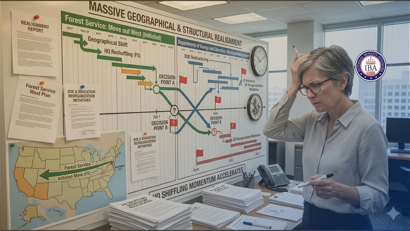 A woman at a wall of planning charts headed Massive Geographical and Structural Realignment, with a Forest Service move-out-west plan