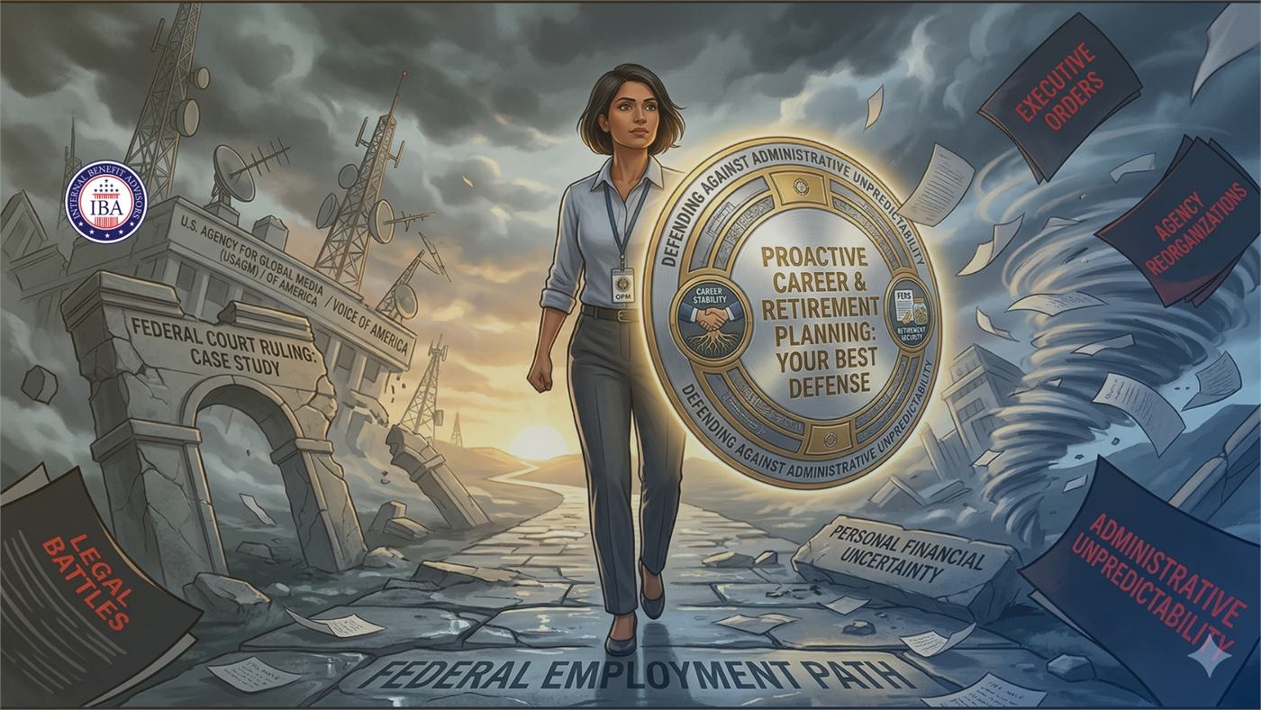 An illustration of a woman walking a path marked Federal Employment Path through storms labelled Legal Battles and Administrative Unpredictability, toward Proactive Career and Retirement Planning