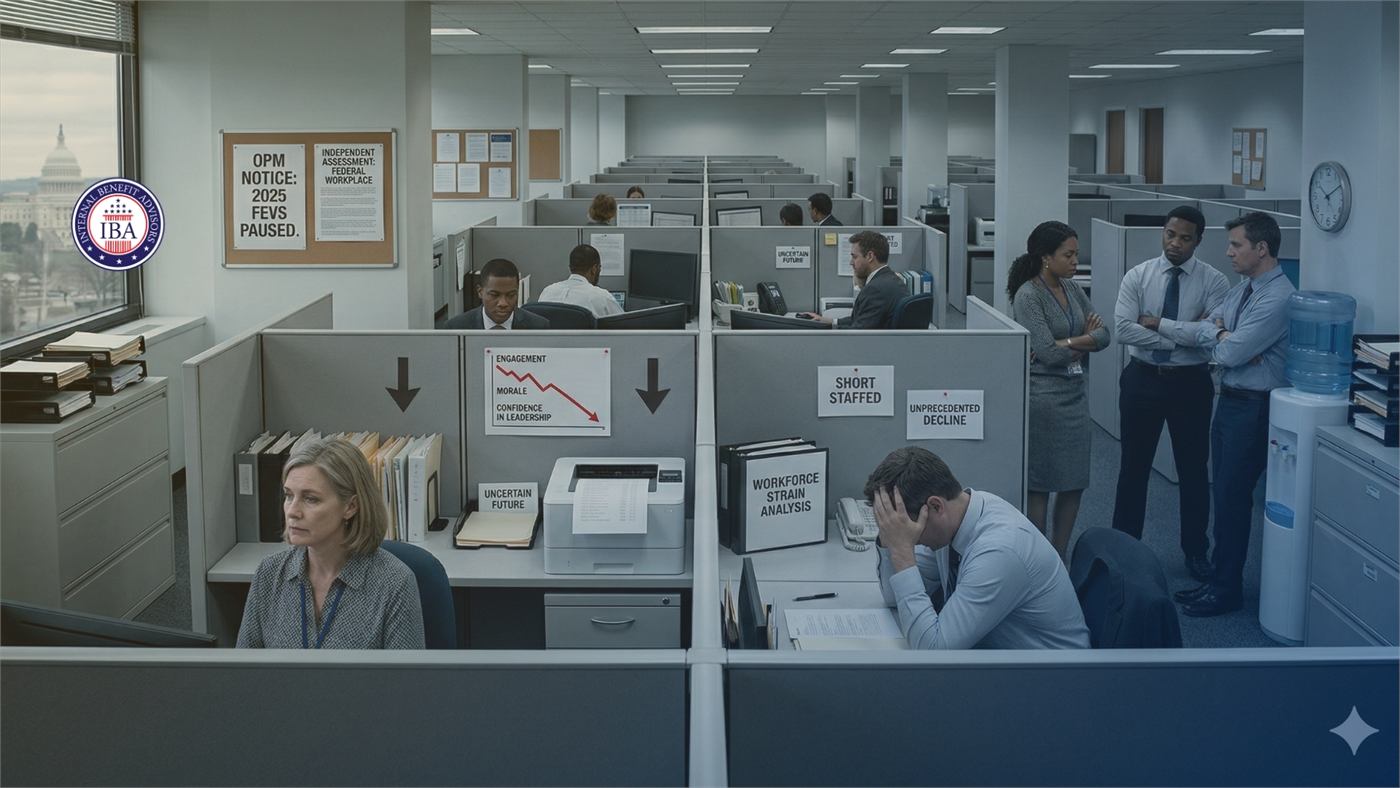 A sparsely staffed government office beneath a notice reading OPM Notice: 2025 FEVS Paused, with a falling morale chart