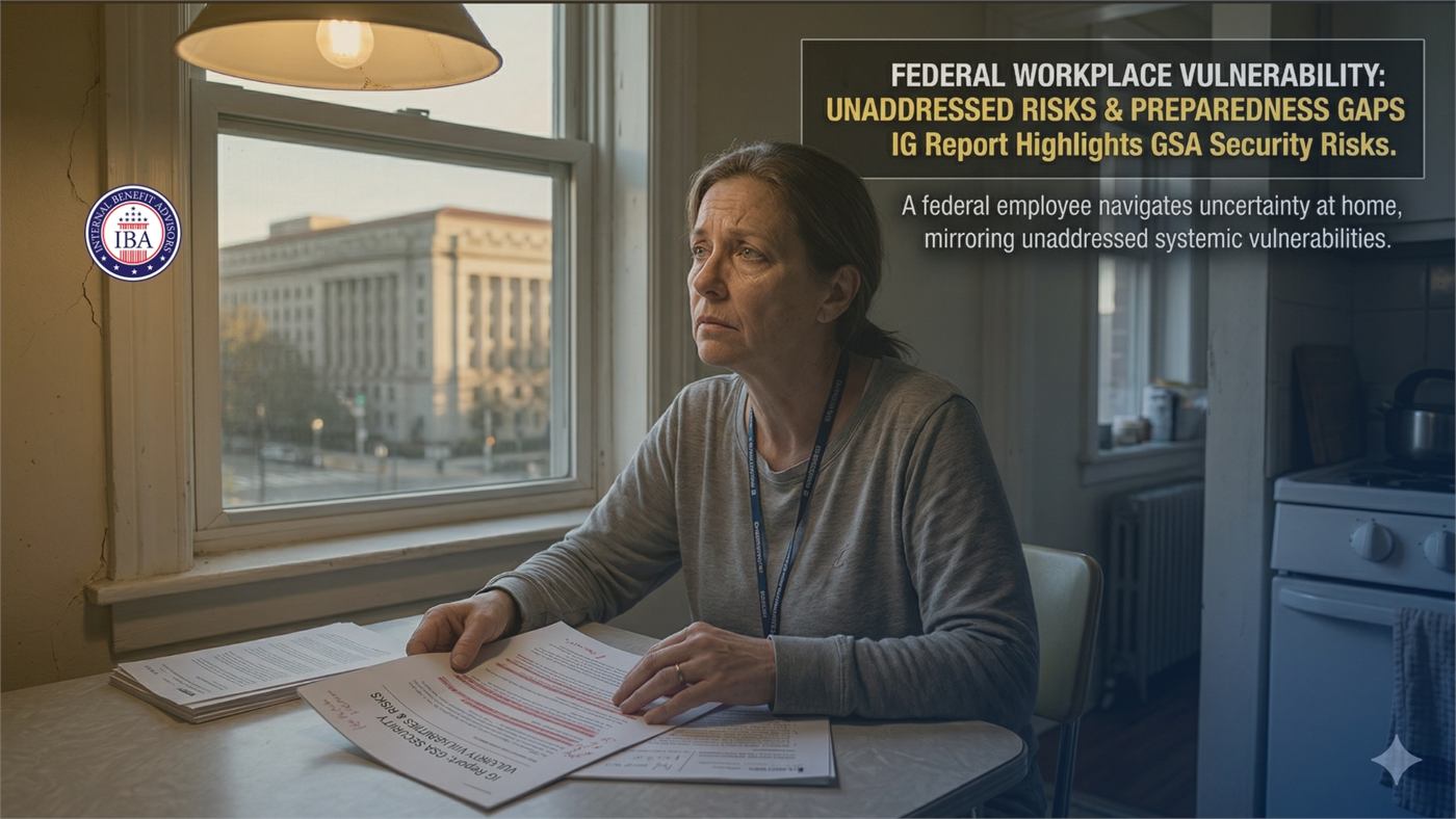 A woman at a table by a window looking at paperwork, beneath a caption reading Federal Workplace Vulnerability: Unaddressed Risks and Preparedness Gaps