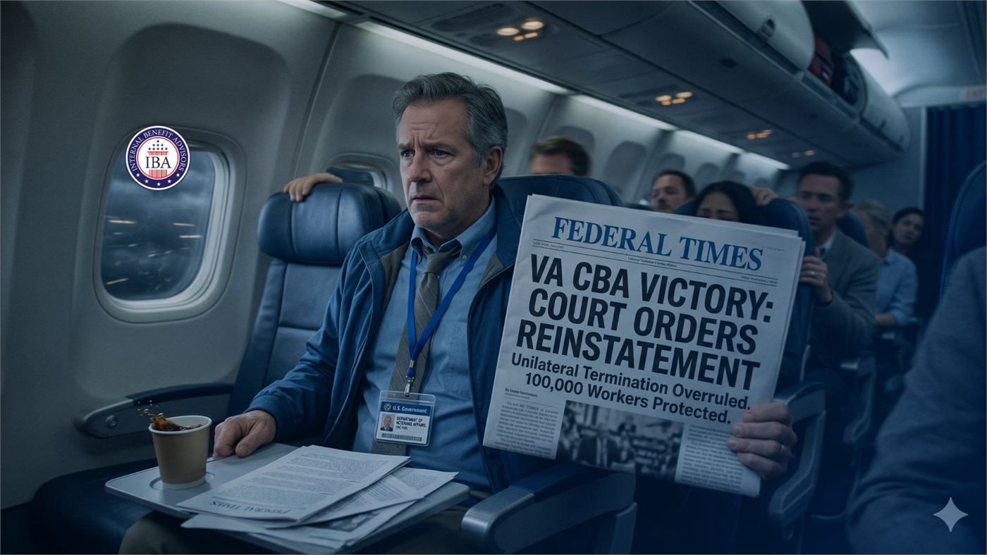 A man on an aircraft reading a newspaper headline reading VA CBA Victory: Court Orders Reinstatement, Unilateral Termination Overruled