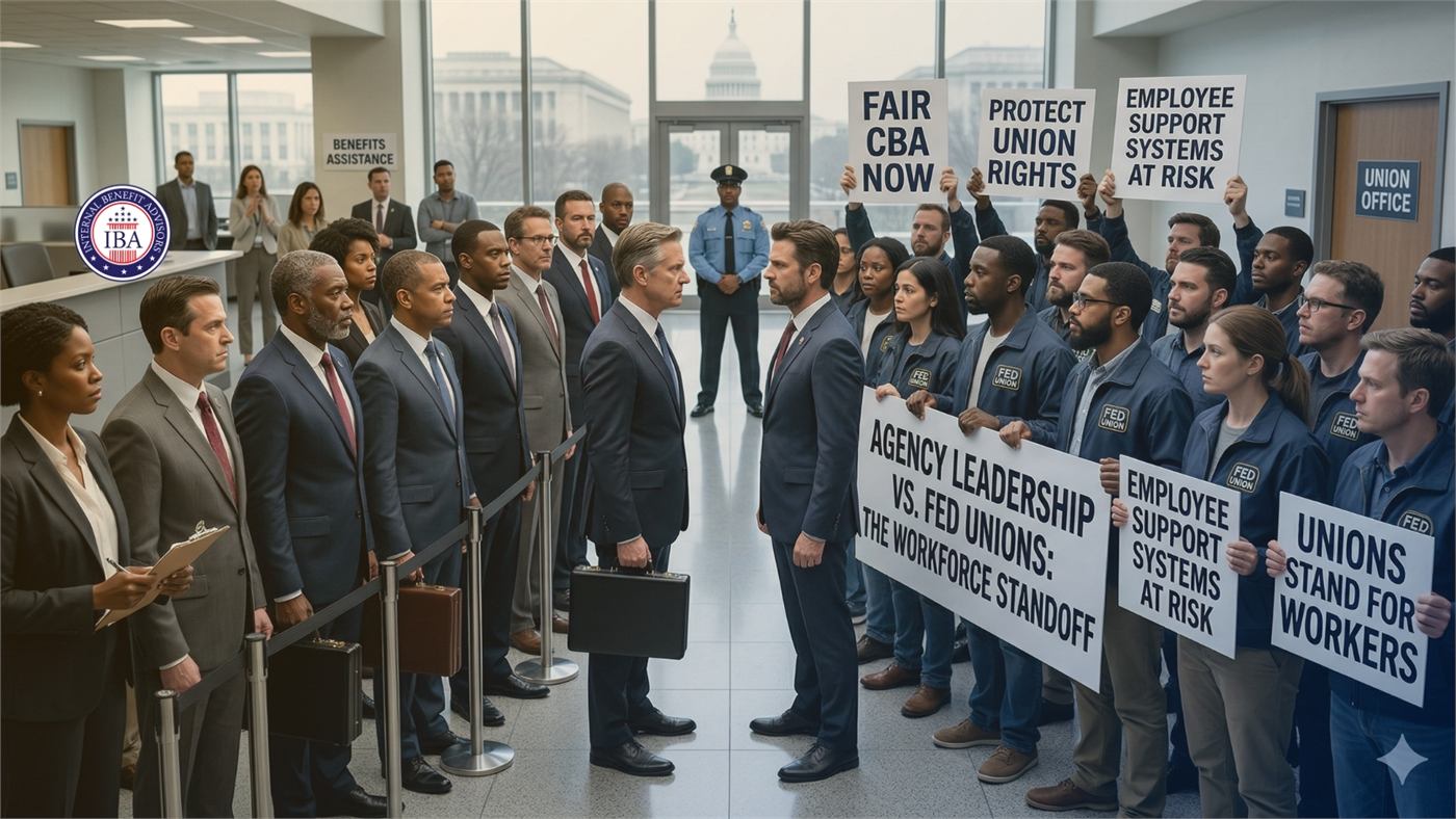 Two lines of people facing each other in a lobby holding signs reading Fair CBA Now, Protect Union Rights and Unions Stand for Workers, captioned Agency Leadership vs Fed Unions