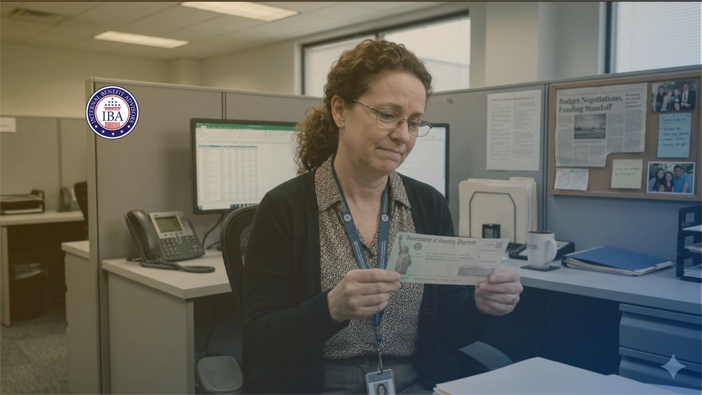A woman at an office desk examining a printed check