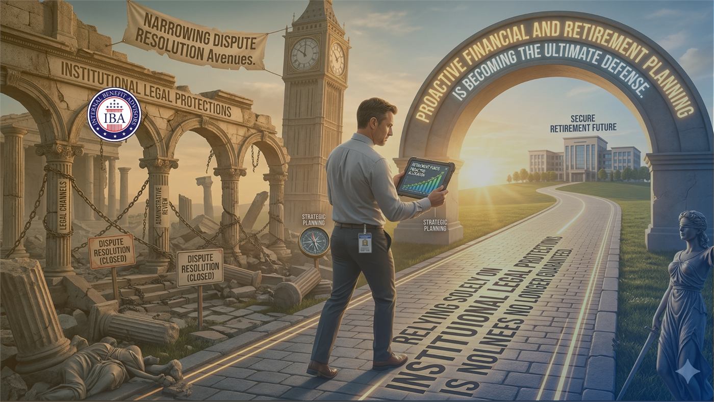 A man walking from crumbling classical columns toward a sunlit road, beneath text reading Proactive Financial and Retirement Planning Is Becoming the Ultimate Defense