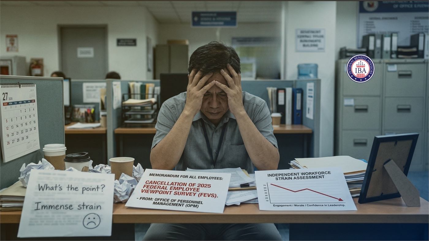 A man with his head in his hands at a desk, beside notes reading What's the point? and Immense strain, and a memo on the cancellation of the 2025 Federal Employee Viewpoint Survey