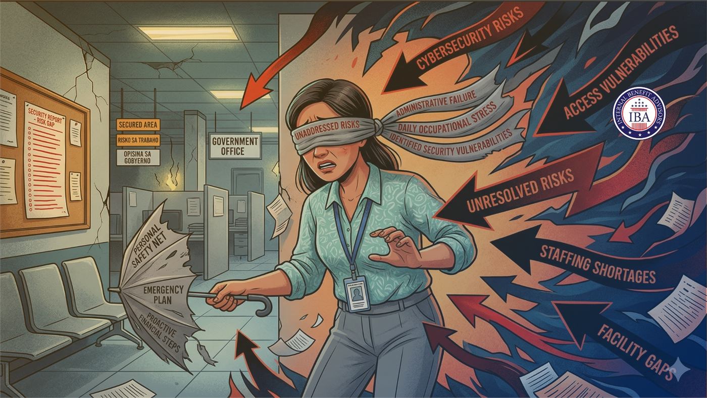 An illustration of a blindfolded worker in a government office surrounded by arrows labelled Cybersecurity Risks, Access Vulnerabilities, Staffing Shortages and Facility Gaps