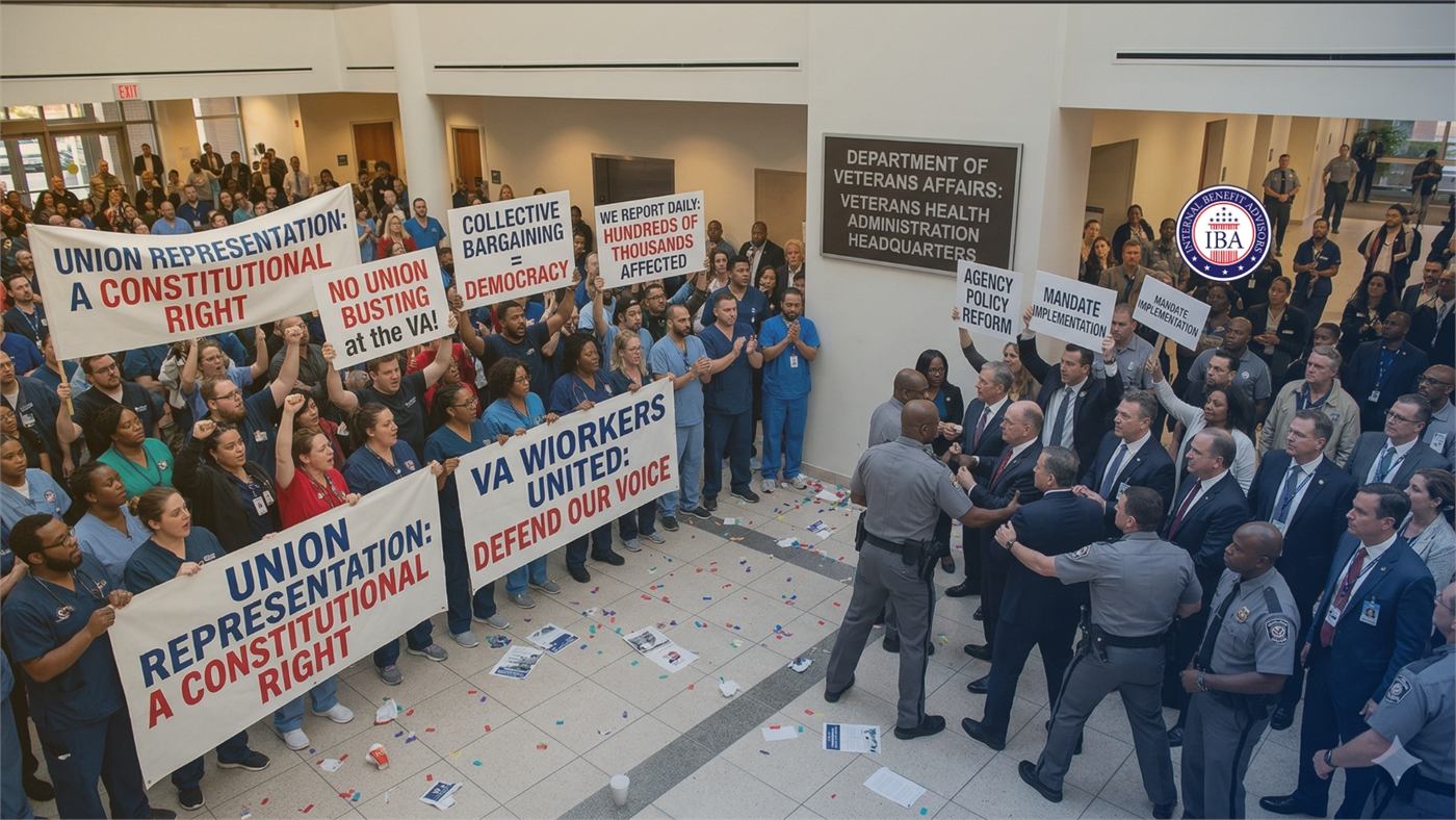 Hospital workers and staff at a VA headquarters holding banners reading Union Representation: A Constitutional Right and VA Workers United, Defend Our Voice