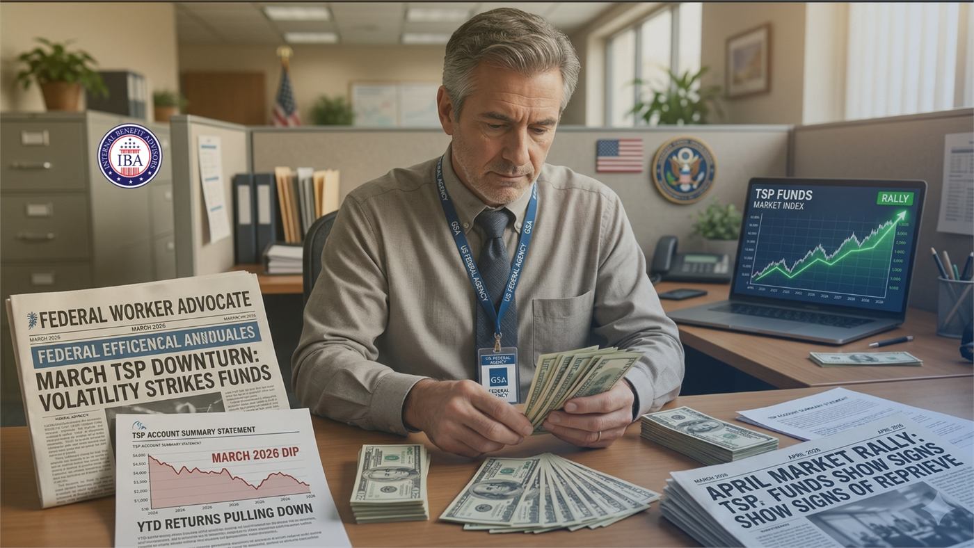 A man at an office desk counting banknotes beside newspapers reading March TSP Downturn: Volatility Strikes Funds and April Market Rally