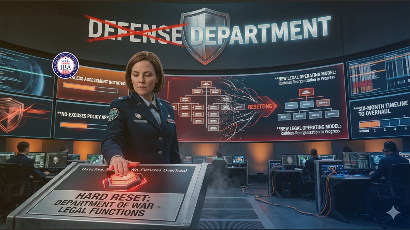 A uniformed officer at a control room console beneath a banner reading Defense Department, and a plaque reading Hard Reset: Department of War Legal Functions