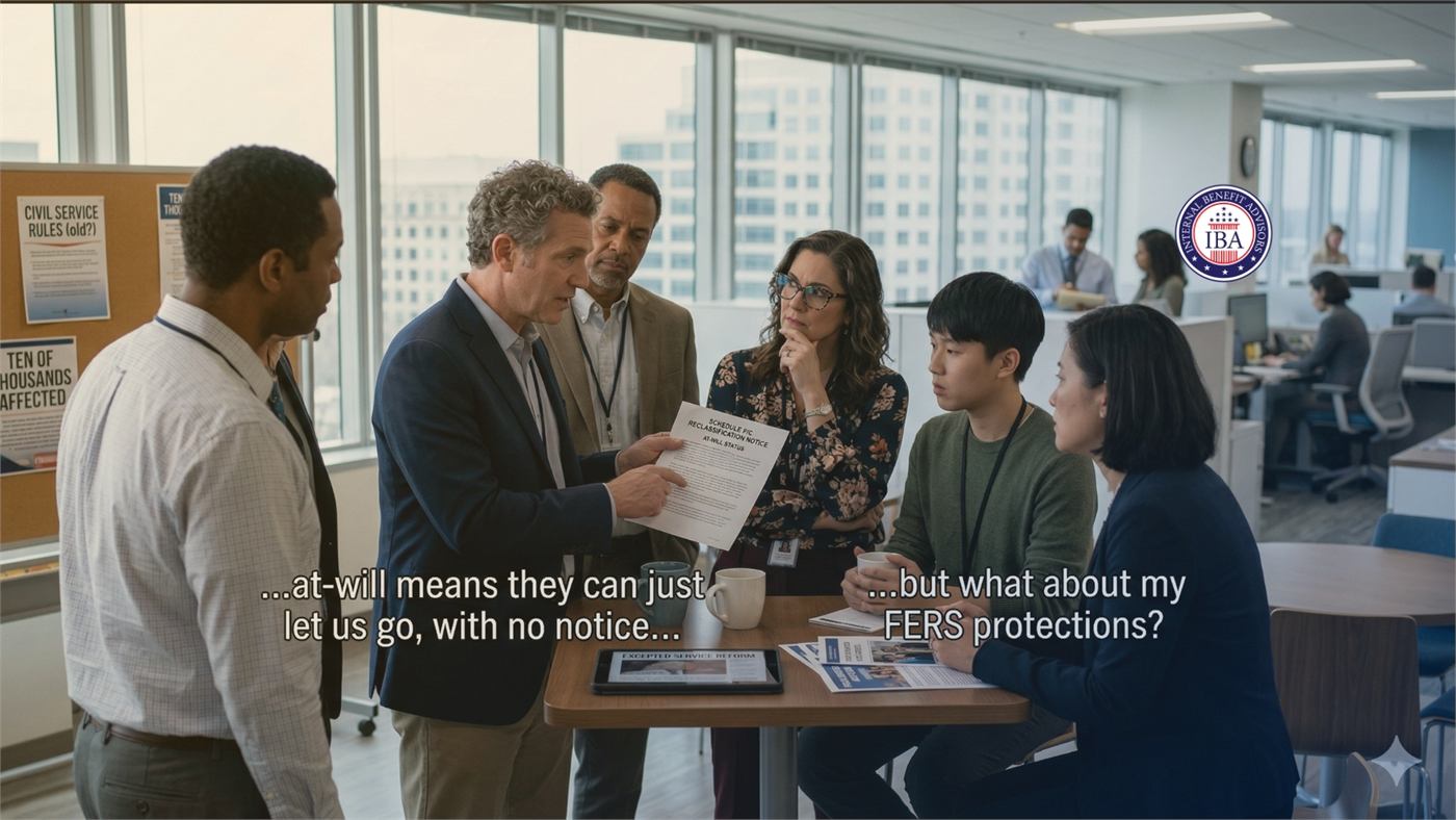 Colleagues gathered around a document in an open-plan office, with captions reading at-will means they can just let us go, with no notice, and but what about my FERS protections?