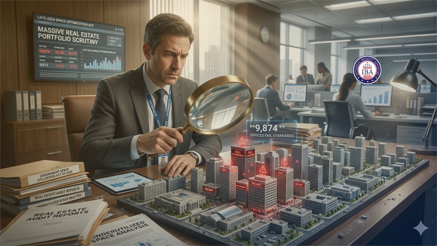 A man holding a magnifying glass over a scale model of a city, beneath a banner reading Massive Real Estate Portfolio Scrutiny