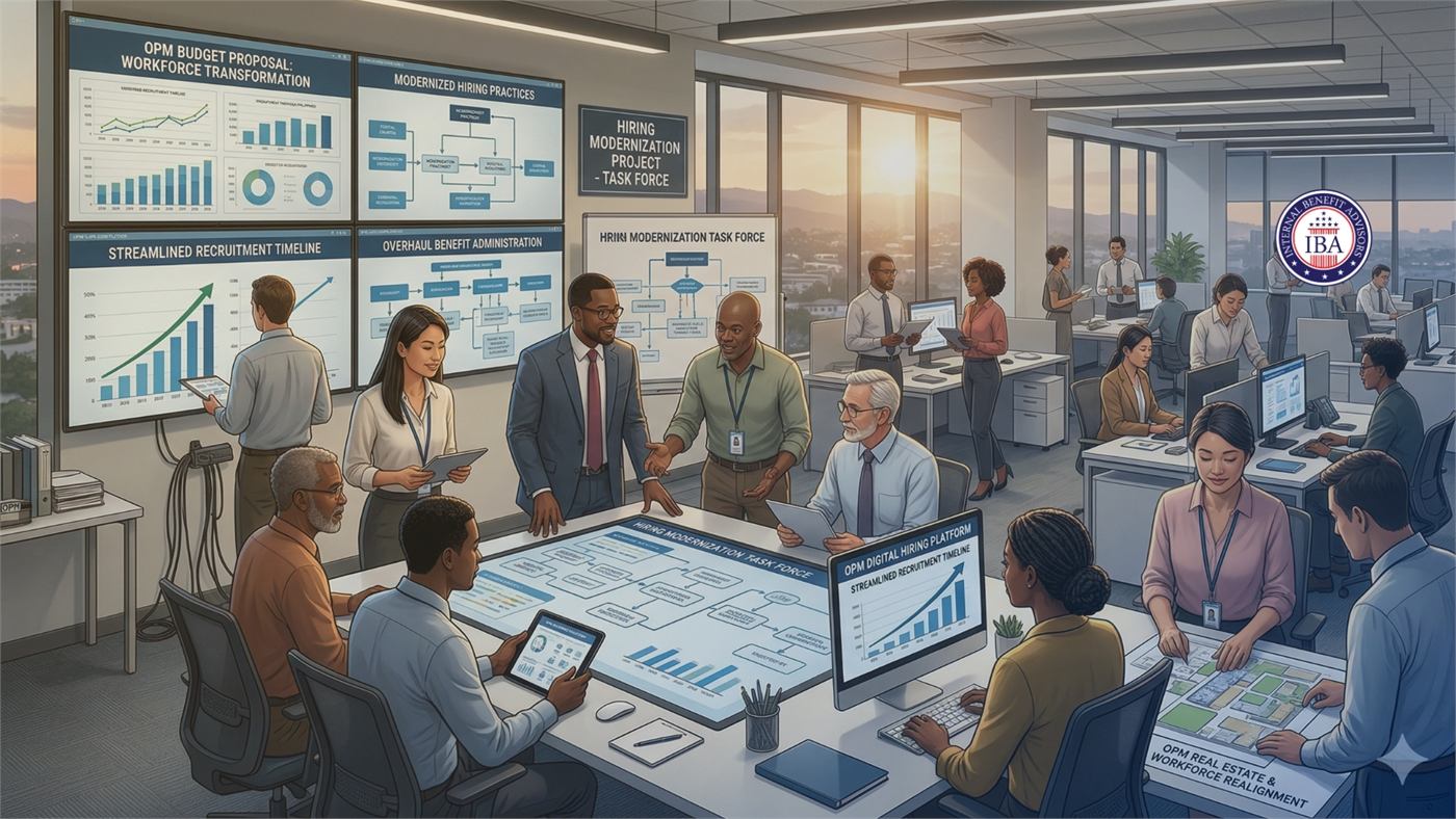 Colleagues at desks and screens showing hiring modernization and recruitment charts beneath an OPM budget proposal banner