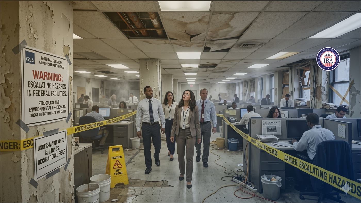 Federal employees walking through a run-down office corridor marked with hazard tape and a warning about escalating hazards in federal facilities