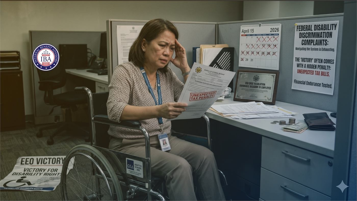 A woman in a wheelchair at an office desk holding a notice, beside panels reading EEO Victory, Victory for Disability Rights and Federal Disability Discrimination Complaints