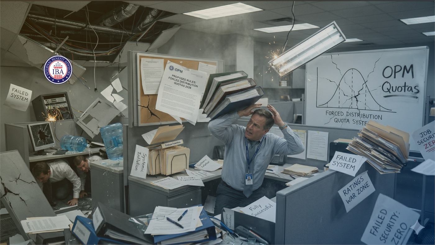A man in a collapsing office of falling files beneath panels reading OPM Quotas, Forced Distribution Quota System and Failed System
