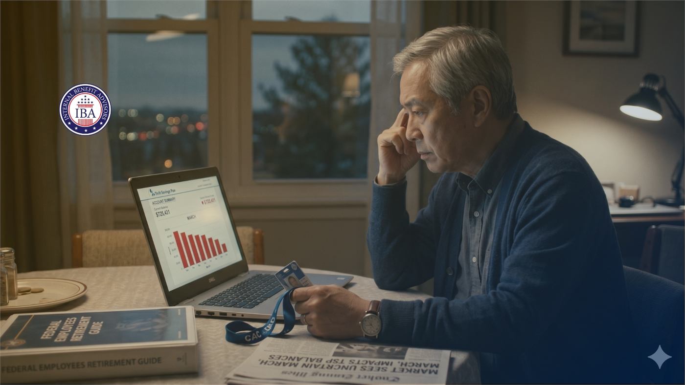 An older man at a desk in the evening looking at a laptop showing a falling red chart