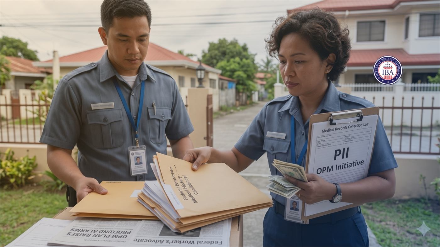 Two uniformed workers outside handling folders and cash, beside a clipboard marked PII, OPM Initiative