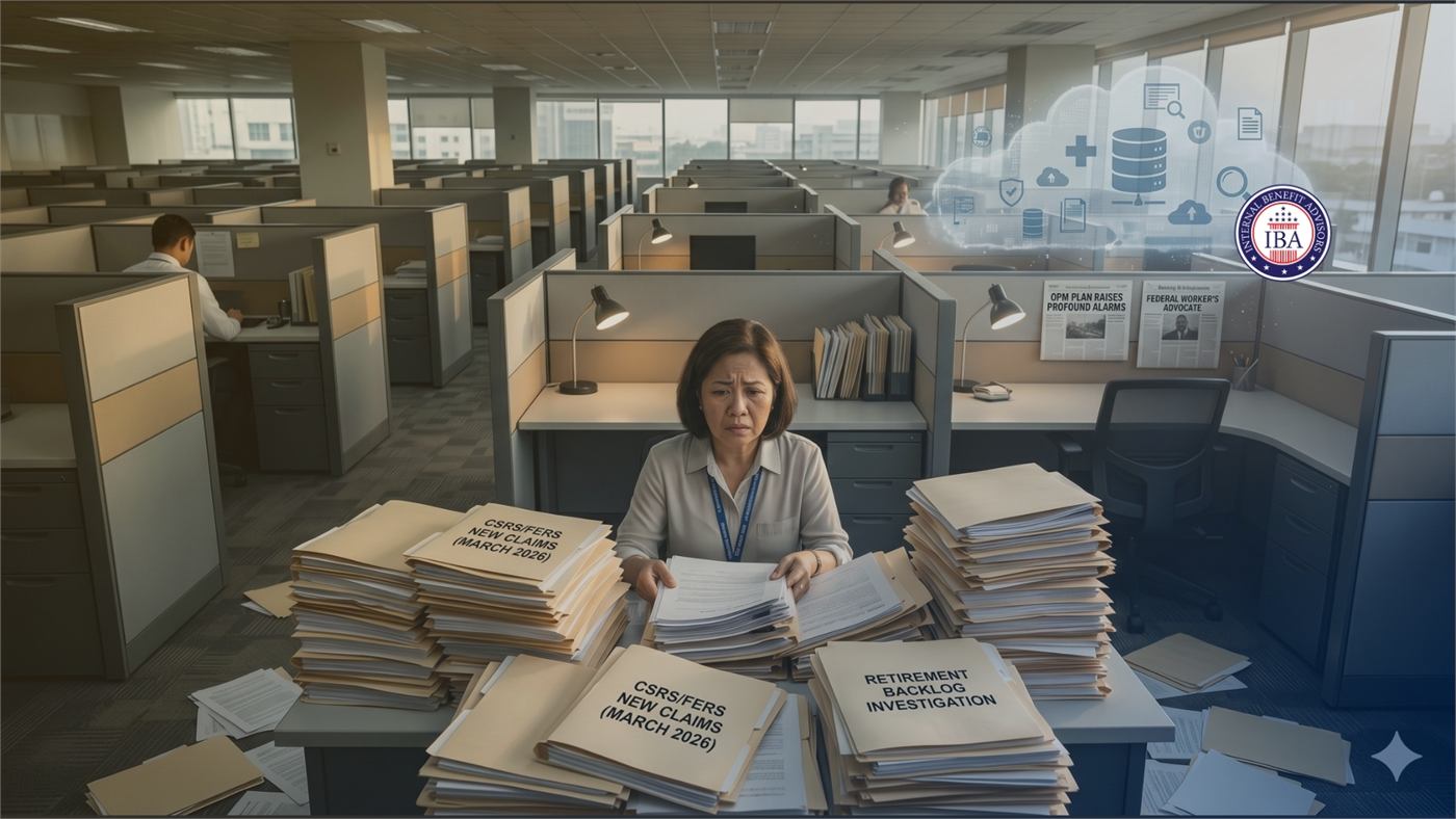 A woman at a desk almost hidden behind towering stacks of case files marked Retirement Backlog Investigation