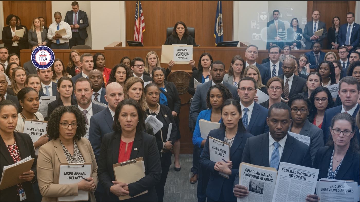 A crowded courtroom of federal employees holding documents, with a judge on the bench