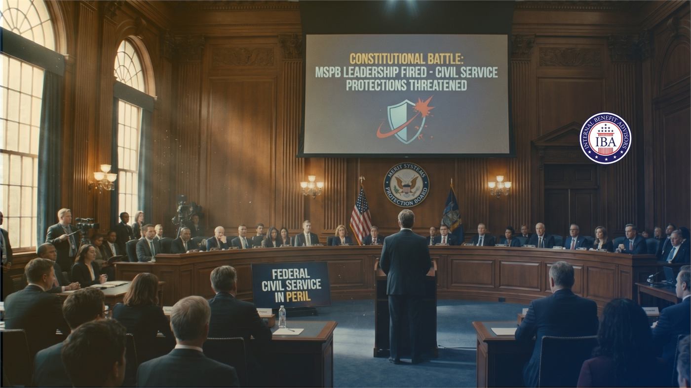 A formal hearing chamber beneath a screen reading Constitutional Battle: MSPB Leadership Fired, Civil Service Protections Threatened