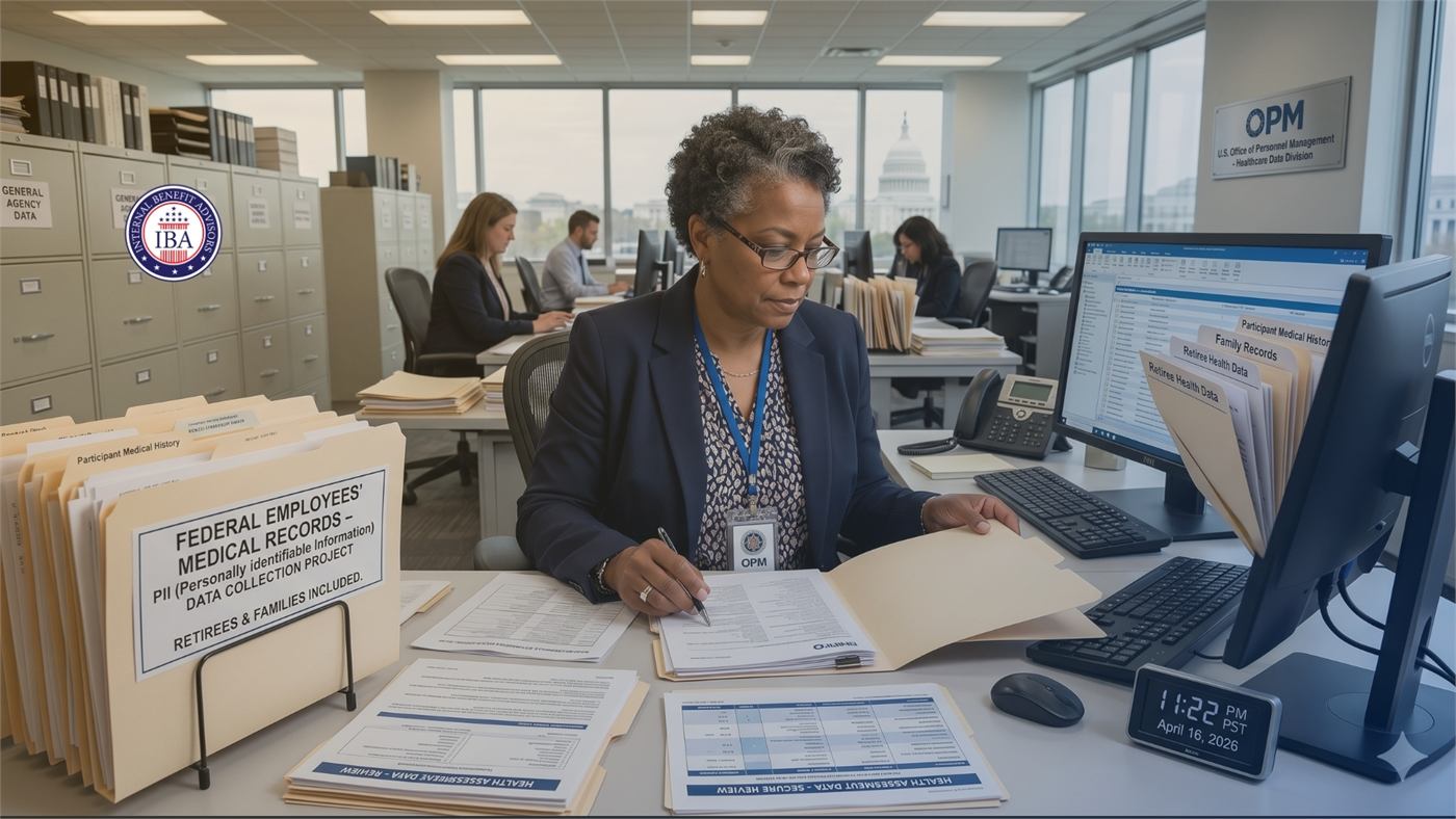 A woman at an office desk working through folders of federal employees' medical records