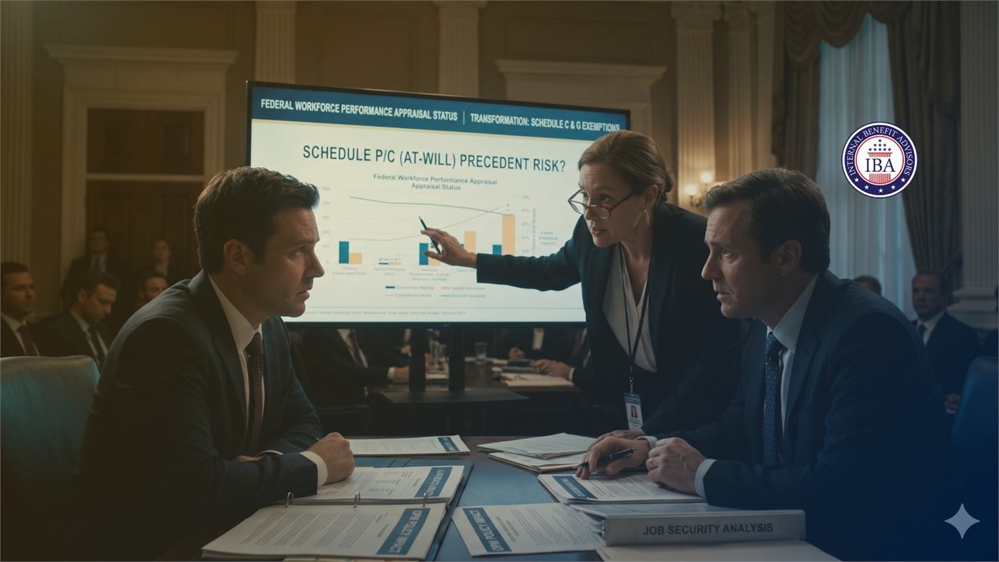 Colleagues at a boardroom screen reading Federal Workforce Performance Appraisal Status and Schedule P/C At-Will Precedent Risk