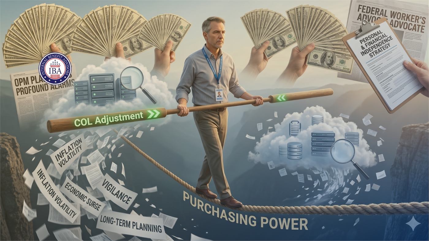 An illustration of a man balancing on a tightrope labelled Purchasing Power with a COL Adjustment pole, over a chasm marked Inflation Volatility and Economic Surge