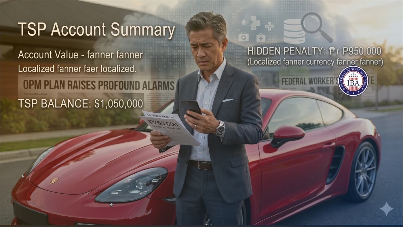 A man in a suit checking his phone beside a red sports car, with a panel headed TSP Account Summary showing a balance and a hidden penalty warning