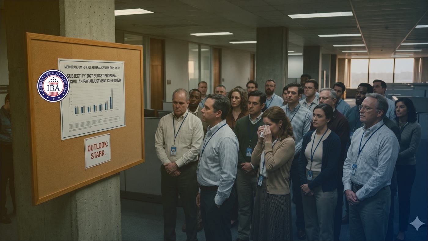 Federal employees gathered around a noticeboard showing a budget proposal chart and an outlook marked stark