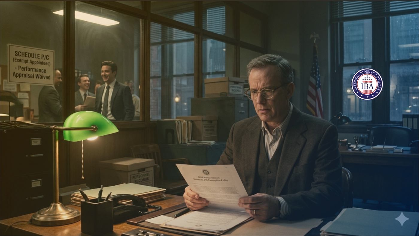 A man at a desk under a green lamp reading a notice, with colleagues talking beyond the glass and a panel about Schedule P/C exempt appointees