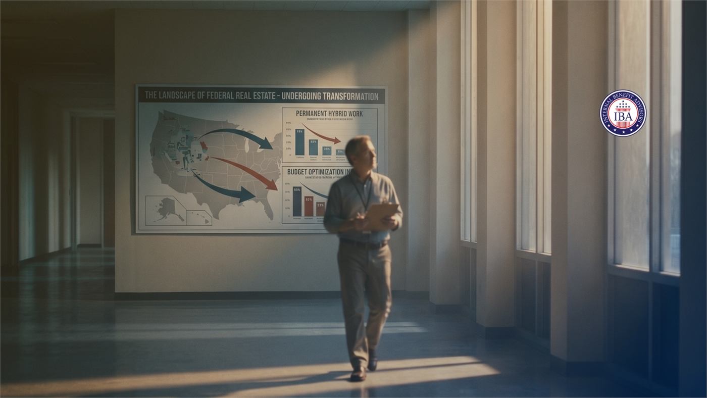 A man walking down an empty corridor toward a display headed The Landscape of Federal Real Estate, Undergoing Transformation
