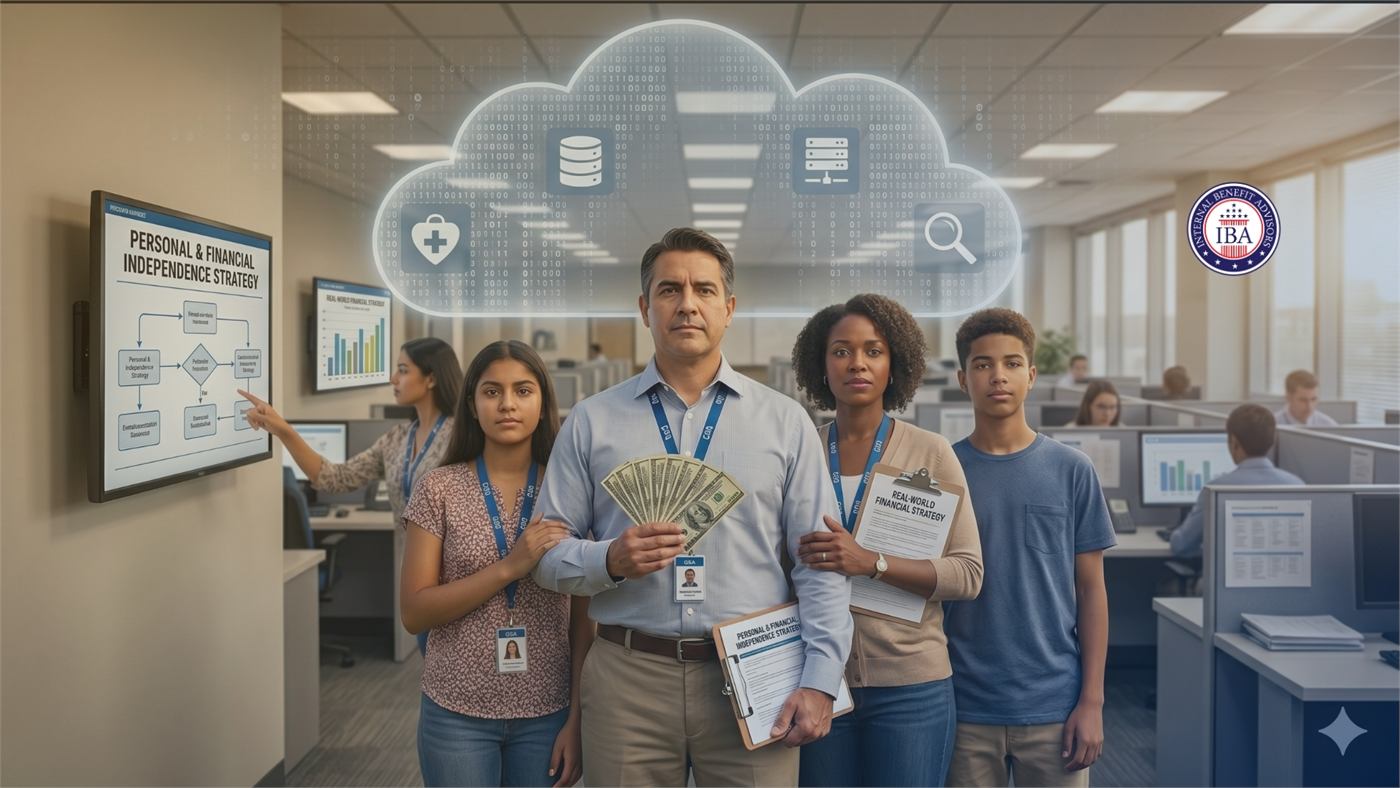 A man holding banknotes with his family beside him, before a screen showing a personal and financial independence strategy flowchart