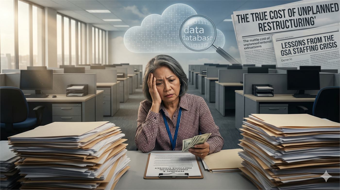 A woman at a desk surrounded by stacks of files, beneath a panel reading The True Cost of Unplanned Restructuring: Lessons from the GSA Staffing Crisis